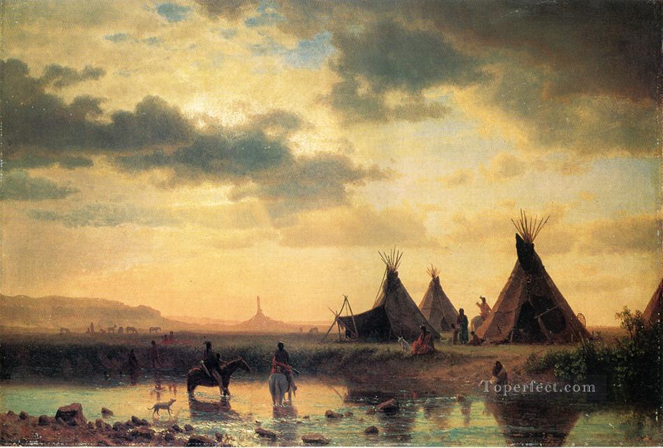 View of Chimney Rock Ogalillalh Sioux Village in Foreground Albert Bierstadt Oil Paintings